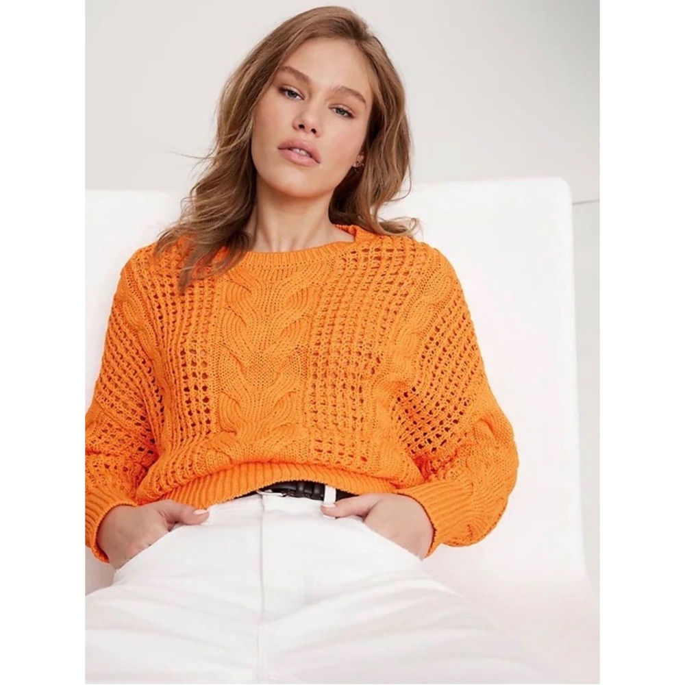 Banana Republic Cotton Cable Knit Sweater Orange Open Knit Crewneck Size S